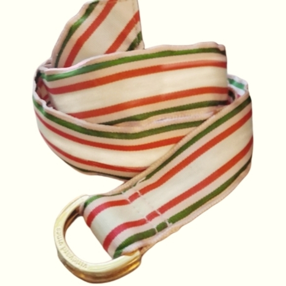 Vineyard Vines Pink, Green, and White Striped Belt, Signiture Gold Buckle, Sz S